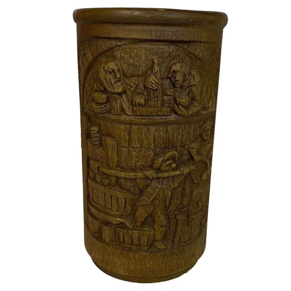 Hand Carved Wood Wine Chiller Holder Vineyard & Pub Scenes Black Forest Germany - Picture 3 of 6